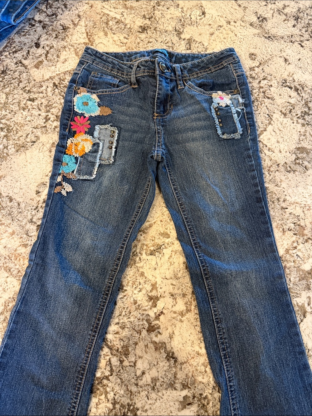 Squeeze Girls Blue Denim Jeans with Multicolor Floral Embroidery